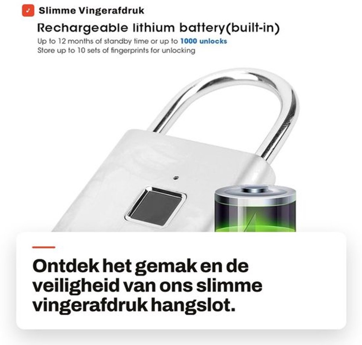 Slimme Vingerafdruk Hangslot - Duurzaam Elektronisch Sleutelloos Slot voor Fiets, Rugzak en Bagage (Zilver)