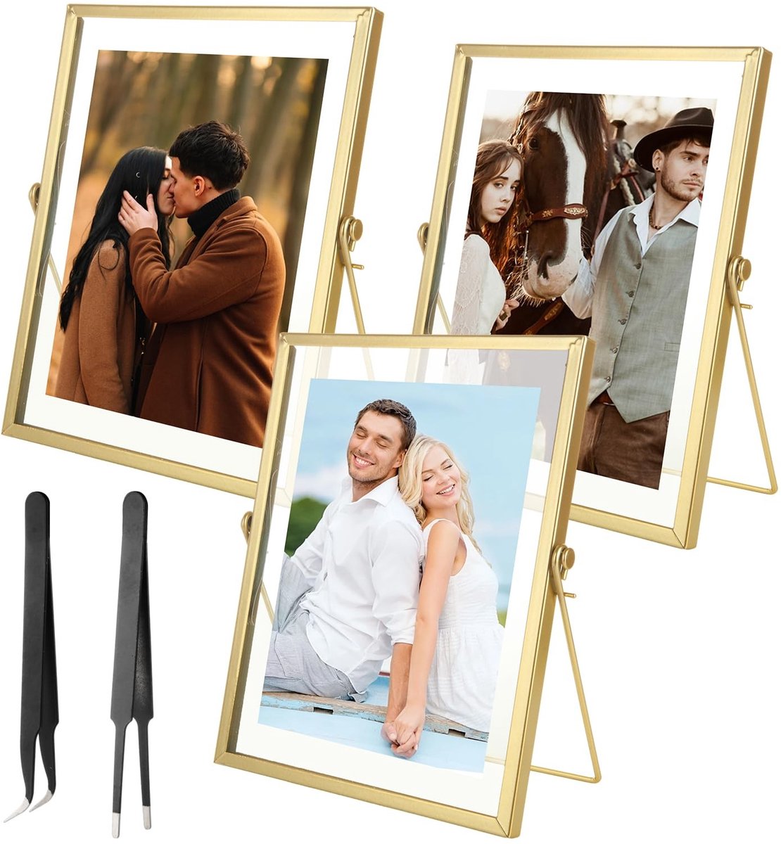 Dailygoods - 3 Stuks Glazen Fotolijsten Staand - 15x20 cm Gouden Glazen Fotolijst