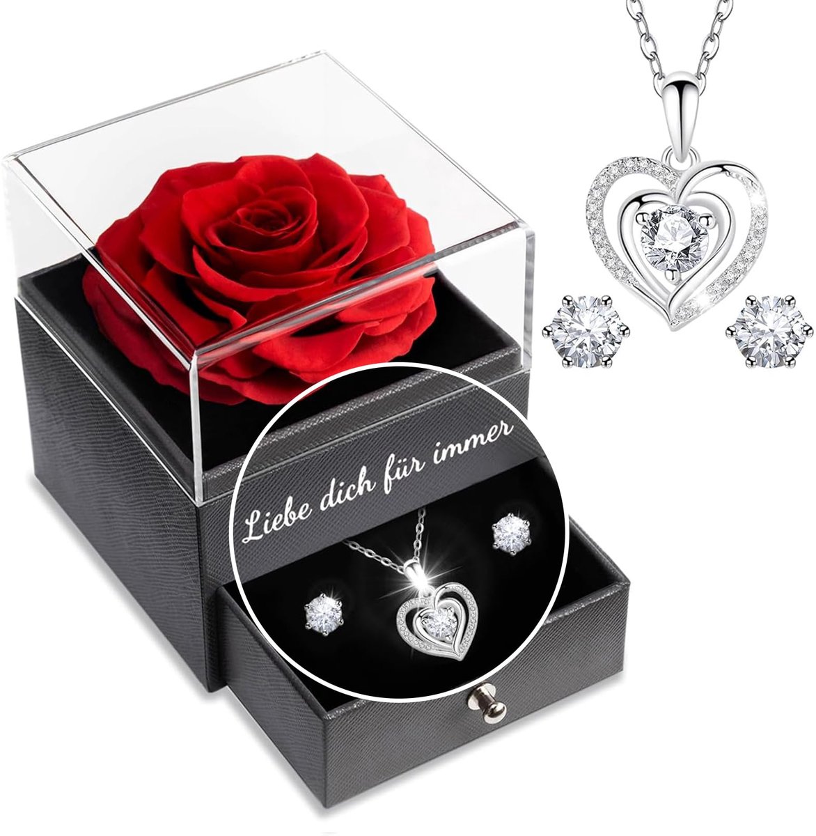 Dailygoods- Halsketting 925 Sterling Zilver - Sieradenset - Echte Roos - Cadeau voor Vrouwen - Valentijnsdag - Uniek Design Sieradendoosje - Sieraad