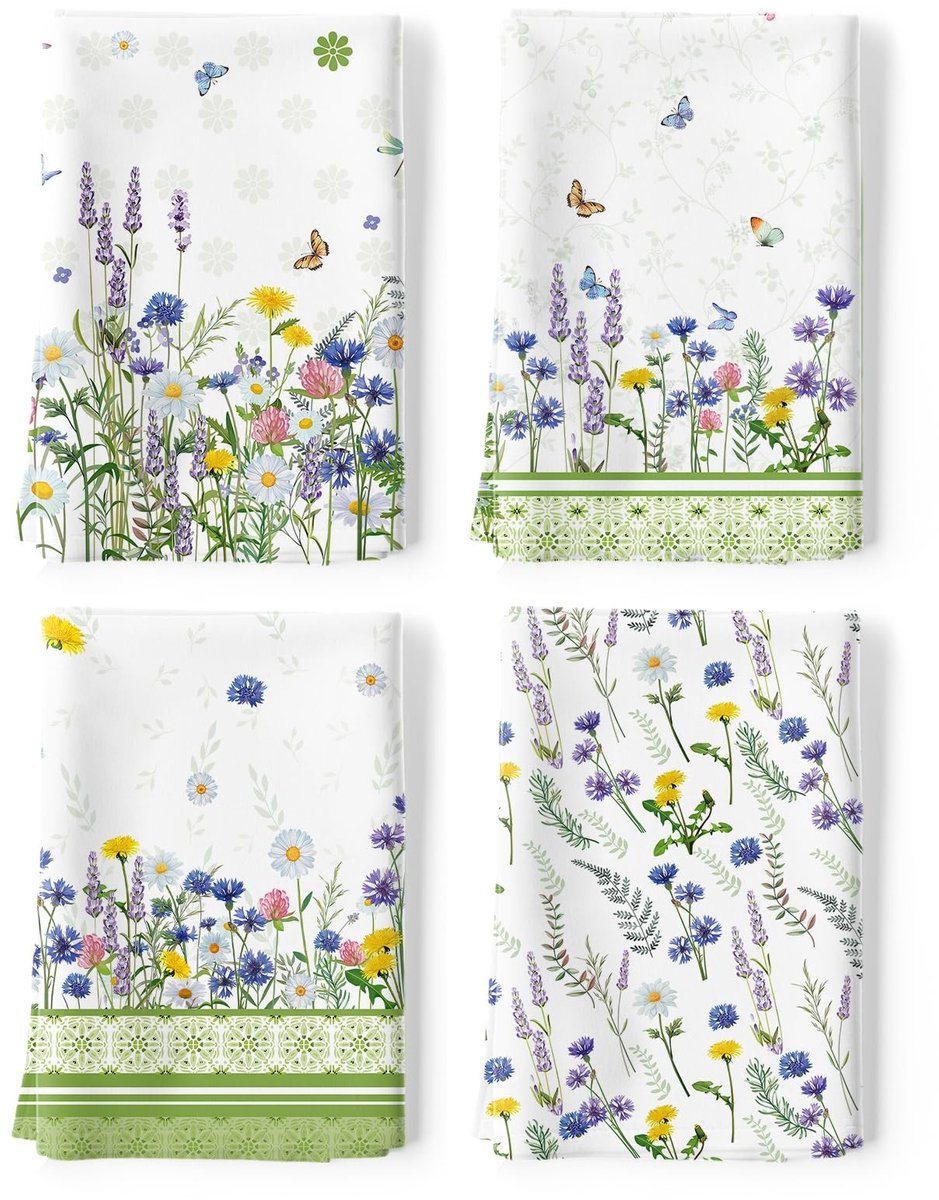Dailygoods - Wildflower Keukenhanddoek Set van 4 - 100% Katoen, Sneldrogend
