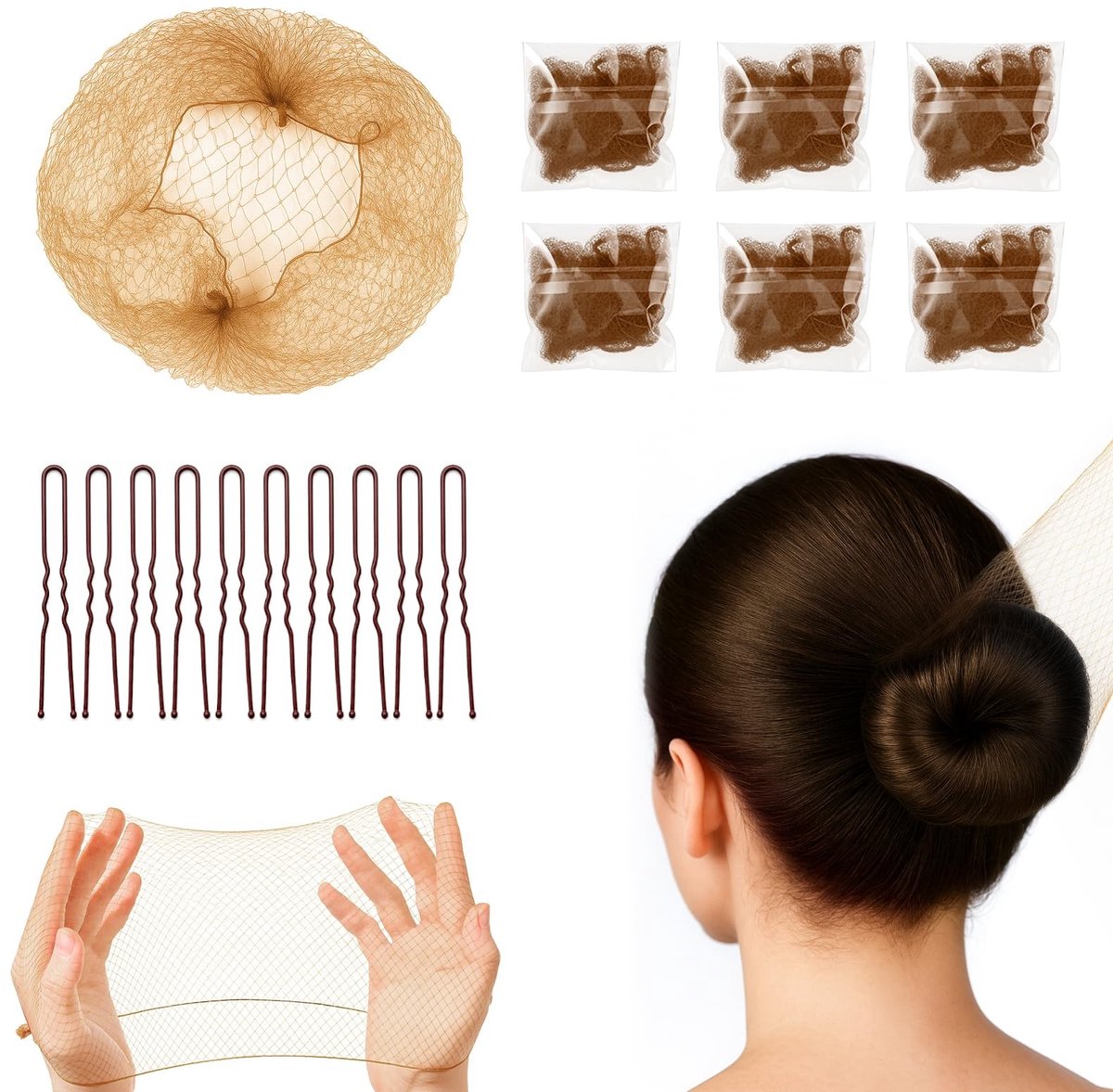 Dailygoods- Haarnetten 20 stuks - Onzichtbaar haarnetje 50 cm - U-vormige pinnen - Bruine haarnetten - Geschikt voor balletdansers - Hoge kwaliteit nylon - Knotnet