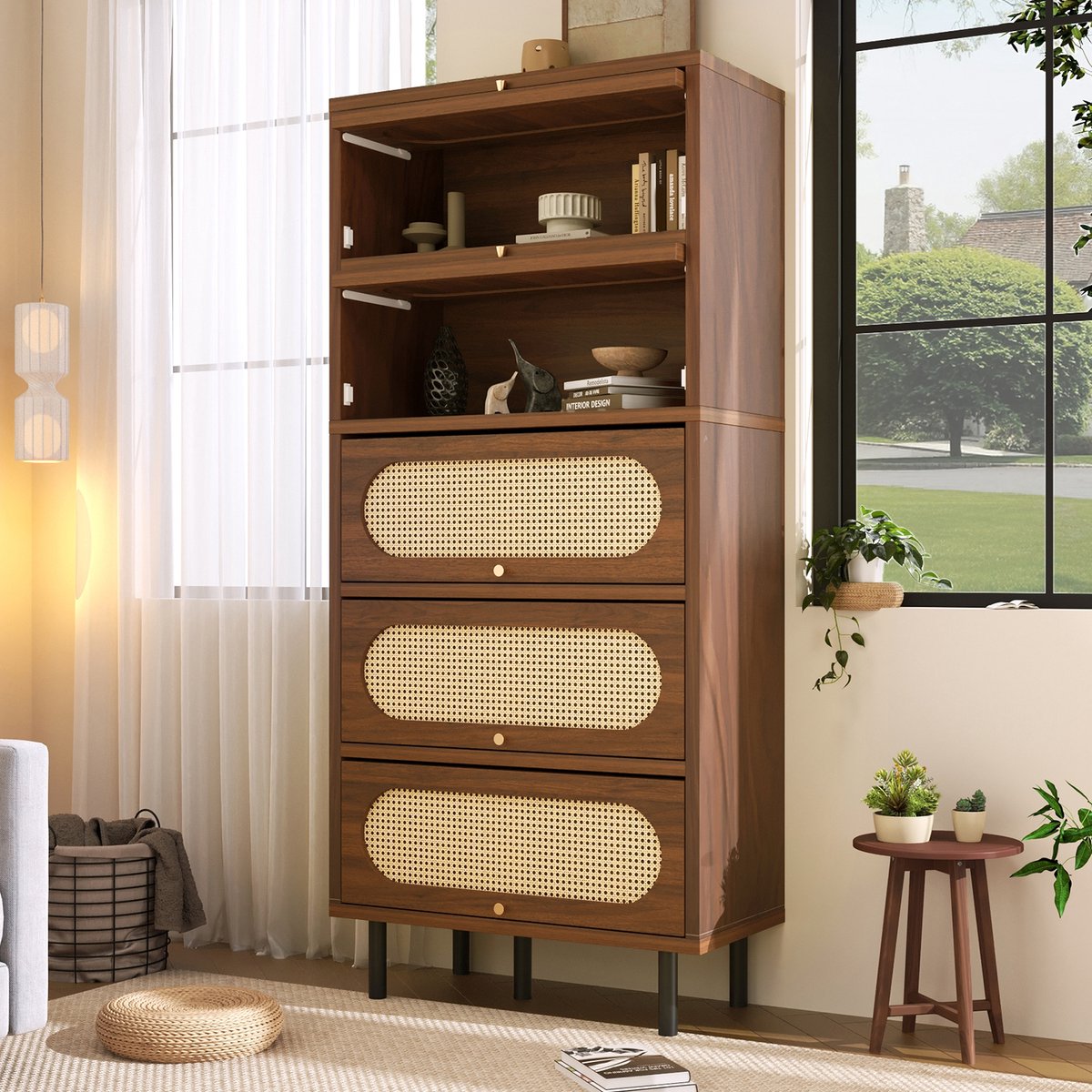 PHOEBE CAT Boekenkast - Vitrinekast - Halmeubel - Rieten deuren - Metalen poten - 80 x 40 x 163 cm - Walnoot