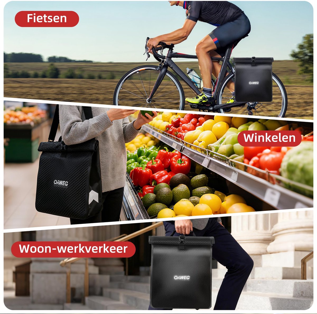 SnelShoppen - Fietstas 28L Waterdicht Grote Roll-Top met Reflecterend Logo, 2-in-1 Handgreep & Schouderriem, Eenvoudige Montage voor Alle Bagagedrager