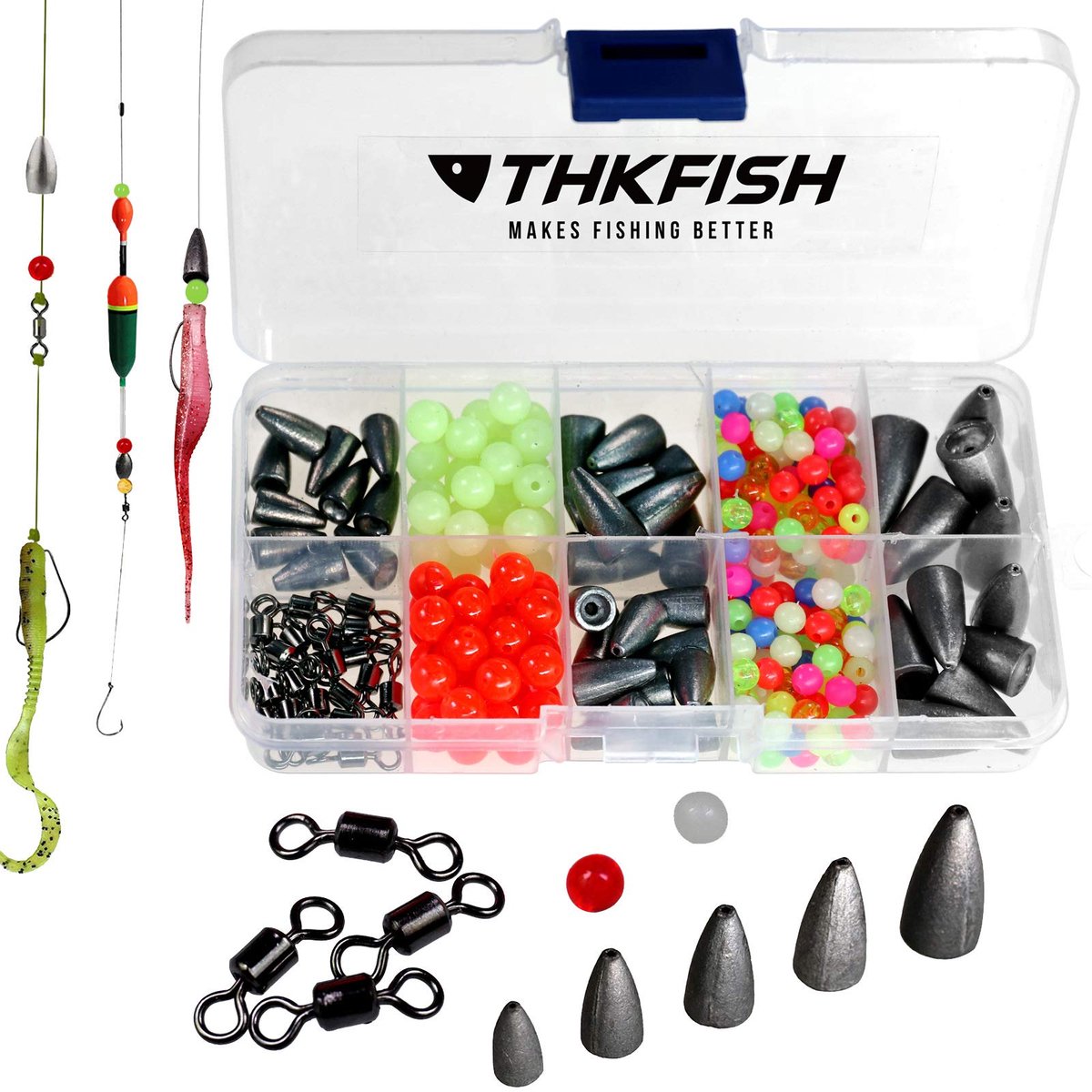 SnelShoppen - THKFISH Carolina Rig Texas Rig Bass Vishaken Set met Kogelgewichten, Rolling, Barrel, Spinner, Parels, Ring, Doe-Het-Zelf Kit, 339-delig