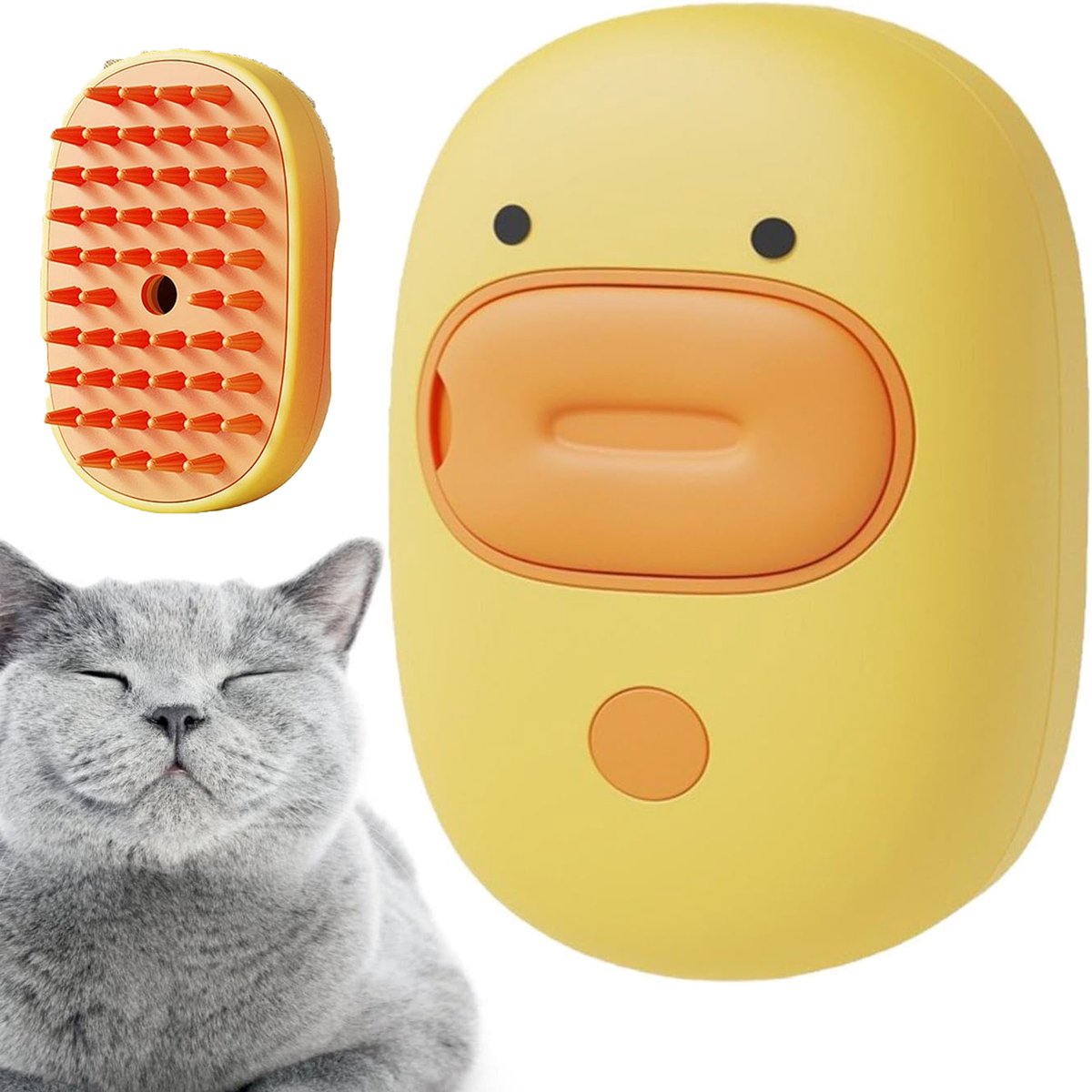 KZQ 3-in-1 siliconen verzorgingsborstel in eendvorm - Met waternevel voor massage en vachtverzorging - Verwijdert losse haren bij katten en honden - Geel