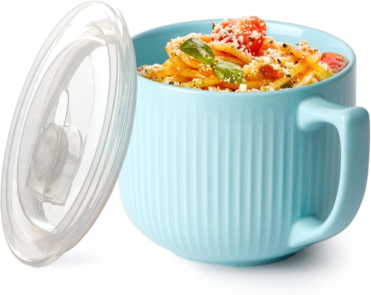 Soepkom met Handgrepen - Magnetronbestendige Kom met Deksel - 900ml voor Noedels en Pap - Blauw
