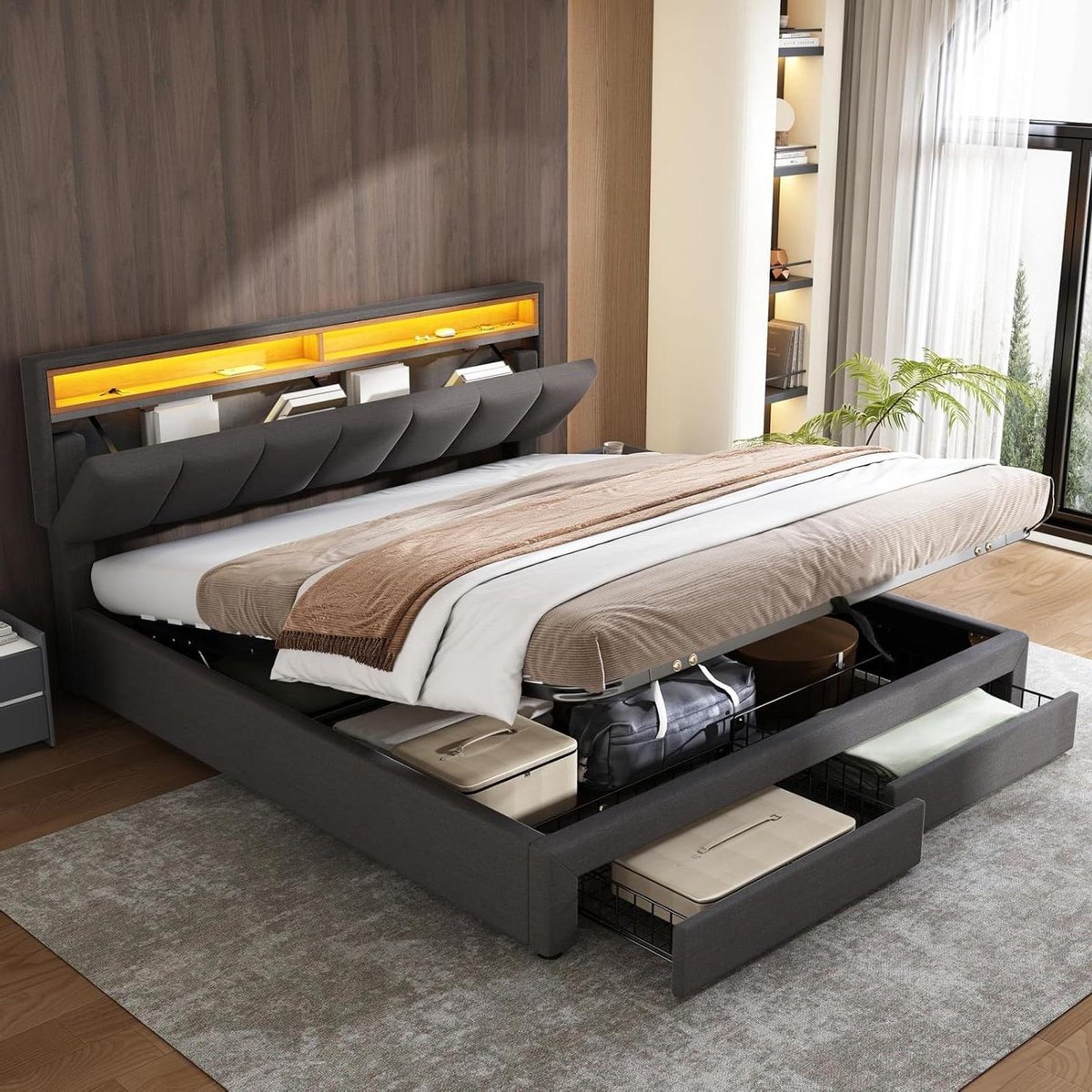 Gestoffeerd tweepersoonsbed - Opbergbed Boxspring - Slaapkamer Organiseren - Met 2 laden hoofdeinde - 160x200 cm - Grijs