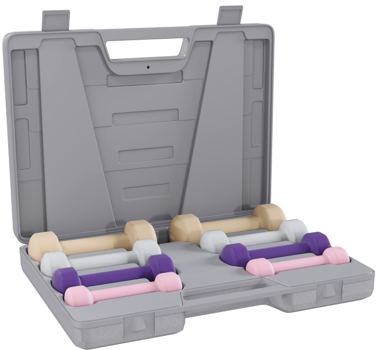4-Paar Dumbbell - Gewicht - Fitnessapparaat - Trainingsgewicht - Set van 4 paar dumbbells van 0,5kg tot 10kg, inclusief opbergdoos, water - en zweetbestendig - IJzer - 41x30x8 cm - Voor thuistraining en fitness - Roze, grijs, lichtbruin, paars