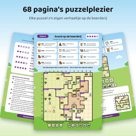 Illustratie van een puzzelspel met boerderijdieren en hun locaties, met de tekst 'Avond op de boerderij'.