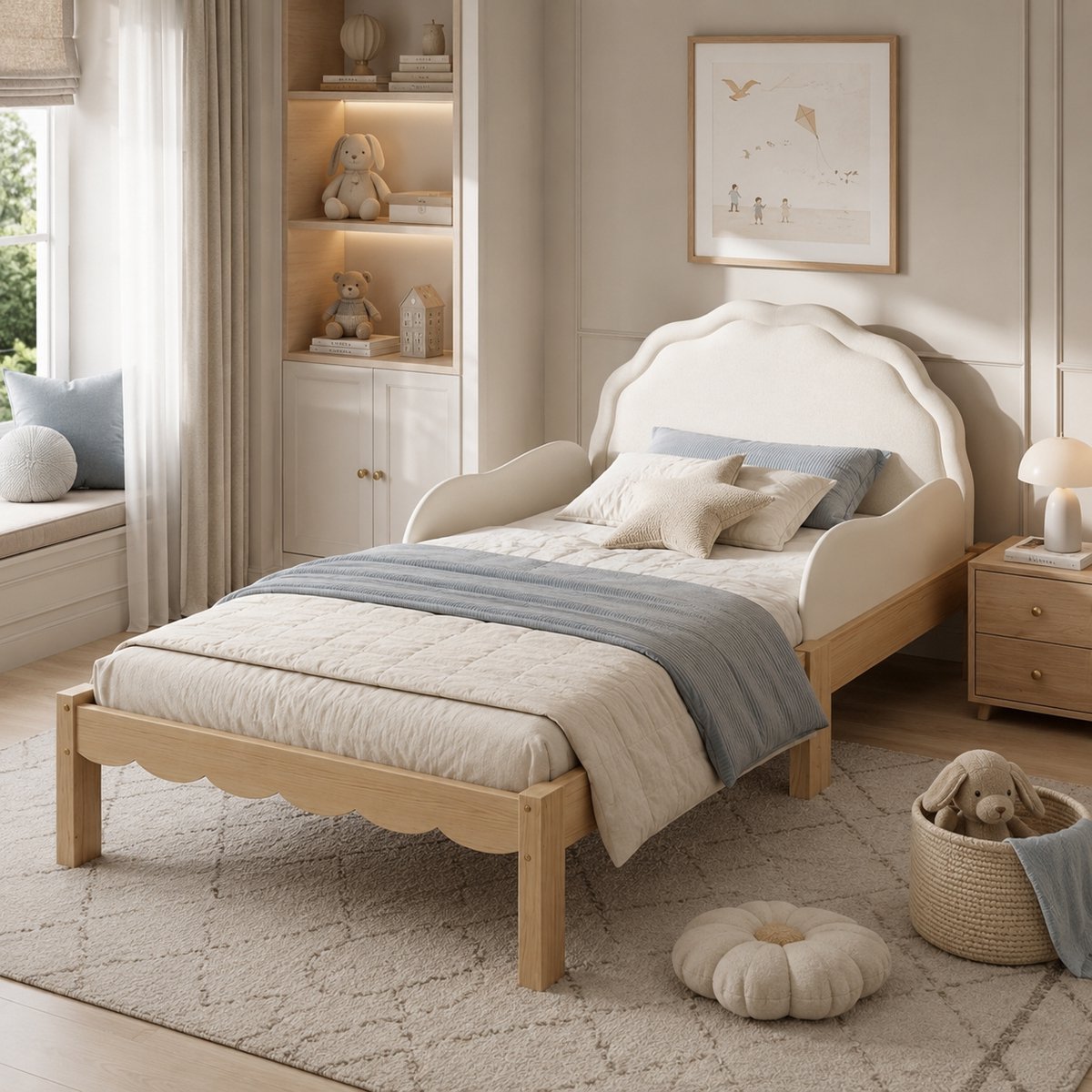 Kinderbed 90x200 cm - Eenpersoonsbed 90x200 cm - Gestoffeerd bed - Hoofdbord met PU-vulling - Golfvormig hoofdeinde - Met zijhekken - Massief houten frame - Creëer een Veilige & Stijlvolle Slaapomgeving - Beige