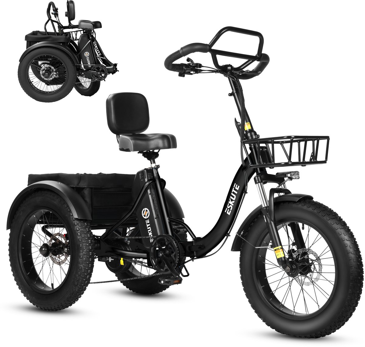 Opvouwbaar Elektrisch Driewieler – 250W Dik Klapfiets E-Bakfiets – 48V 20.8Ah Accu – 20"x4.0" Vetbanden – 7 versnellingen – 130km Bereik – 20 Inch Elektrische vouwfietsen – Zwart