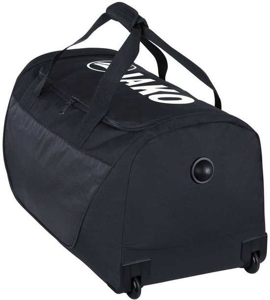 Sac de sport noir Jako avec roues, poignée et logo.