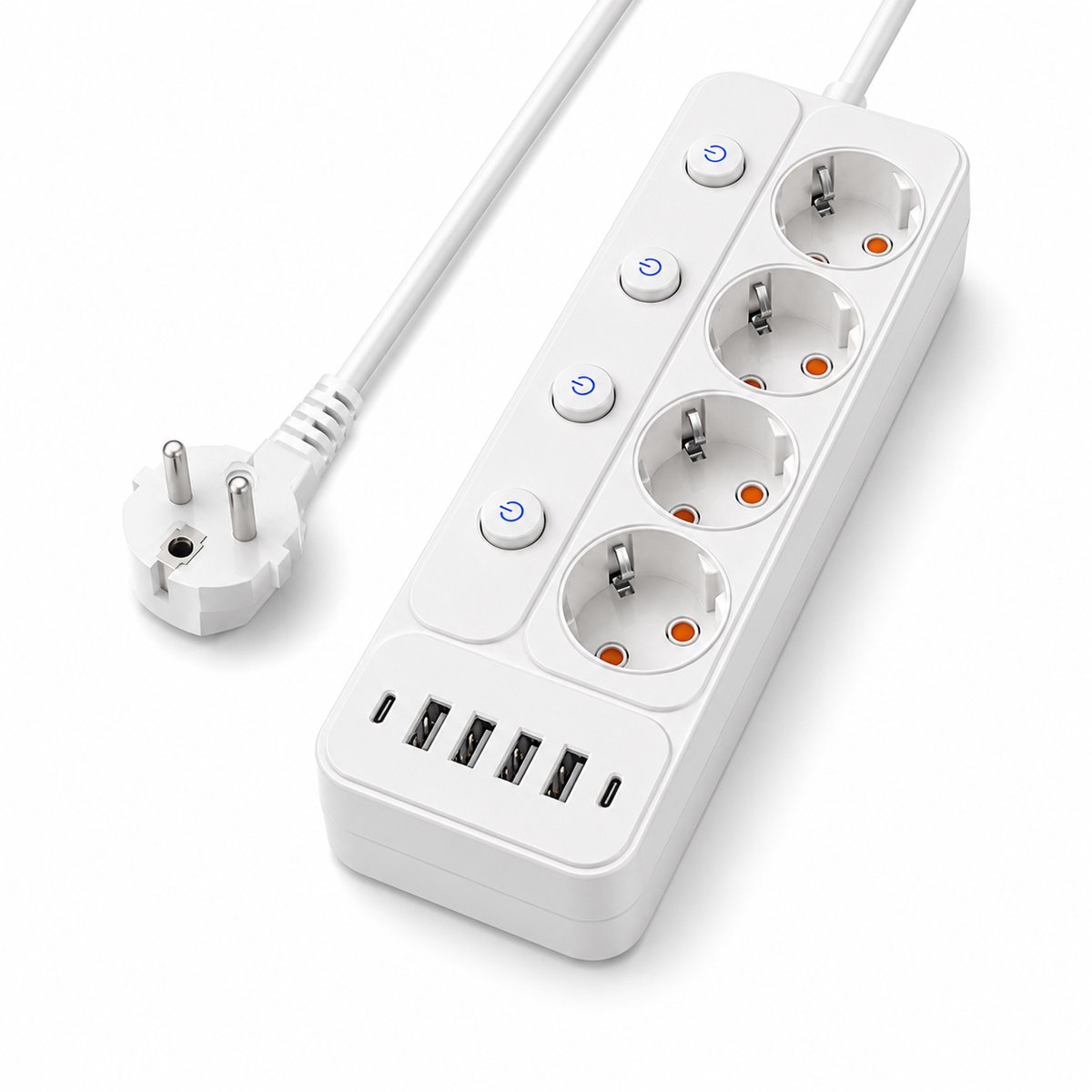 Gloovon® Stekkerdoos met USB - 4 Stopcontacten & 6 USB Poorten - Individuele Schakelaars - 1,8m Kabel - Wit - 2500W Beveiliging