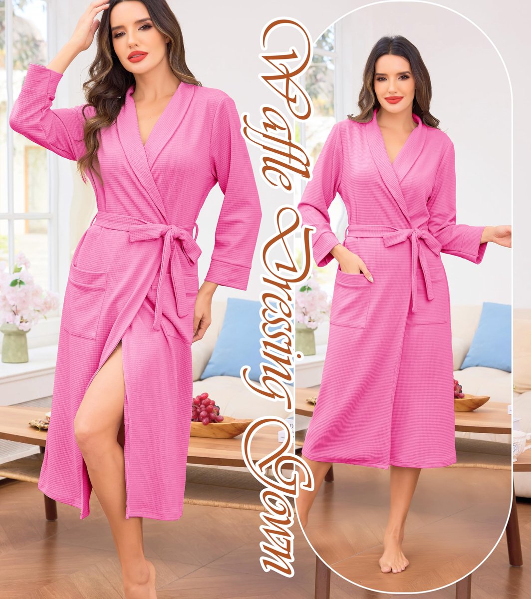SnelShoppen - Vlazom Badjas Dames Katoen Wafelpatroon Lange Ochtendjas met Reverskraag en Zakken, Riem, Maat S-3XL, Felroze, Perfect voor Thuis en Wel