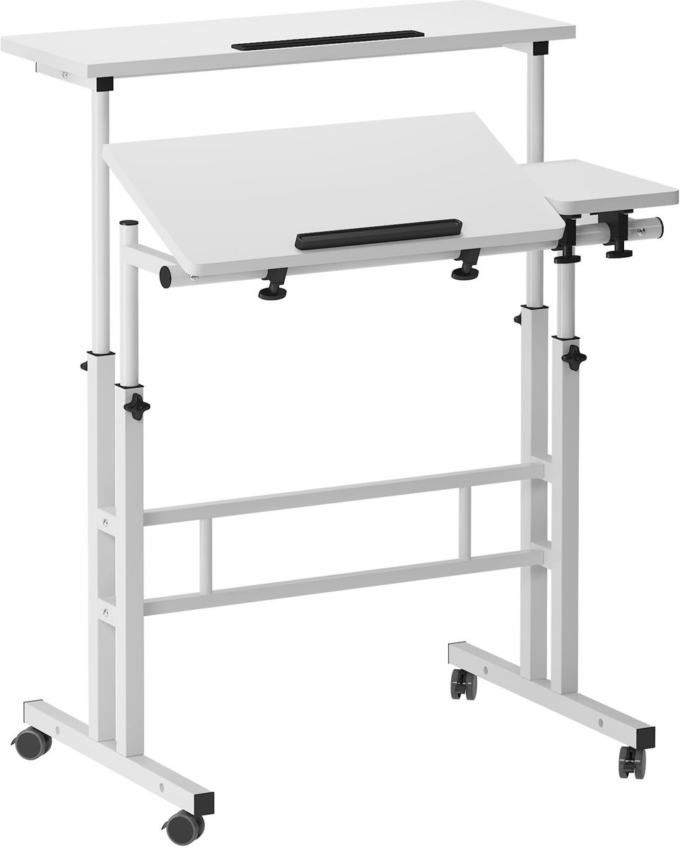 SnelShoppen - In hoogte verstelbare computertafel, mobiele laptoptafel met wieltjes, pc-tafel, notebooktafel, wit bureau voor thuis en kantoor