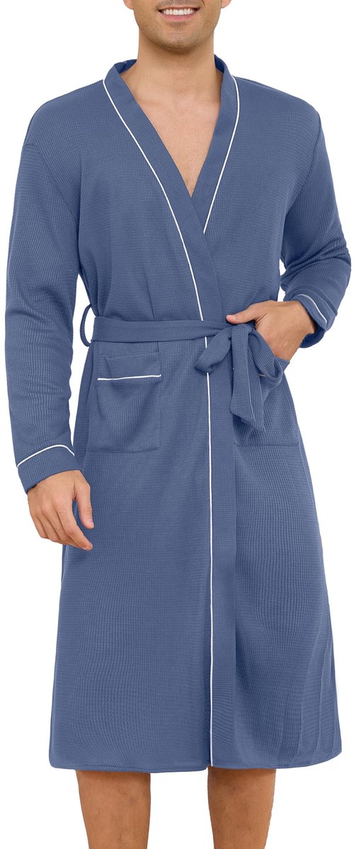 SnelShoppen - Lovasy Badjas voor Heren - Wafelpiqué Saunamantel met Lange Mouwen, Loungewear met Riem en Zakken, Blauw, Maat L, Ideaal voor Thuis, Wel