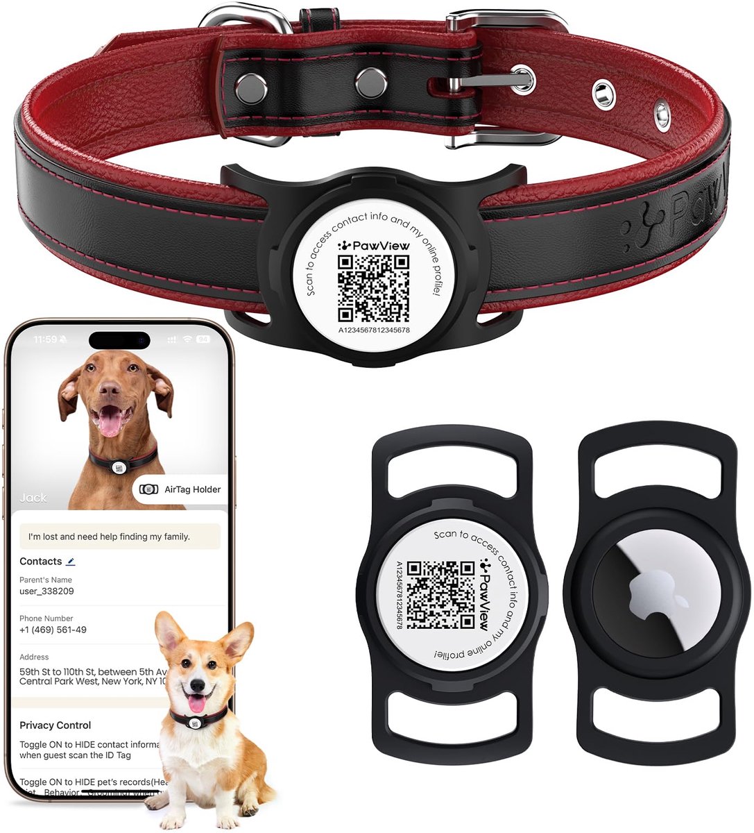 SnelShoppen - Gepersonaliseerde leren hondenhalsband met AirTag-houder, gewatteerd, verstelbaar voor kleine, middelgrote en grote honden, robuust en v
