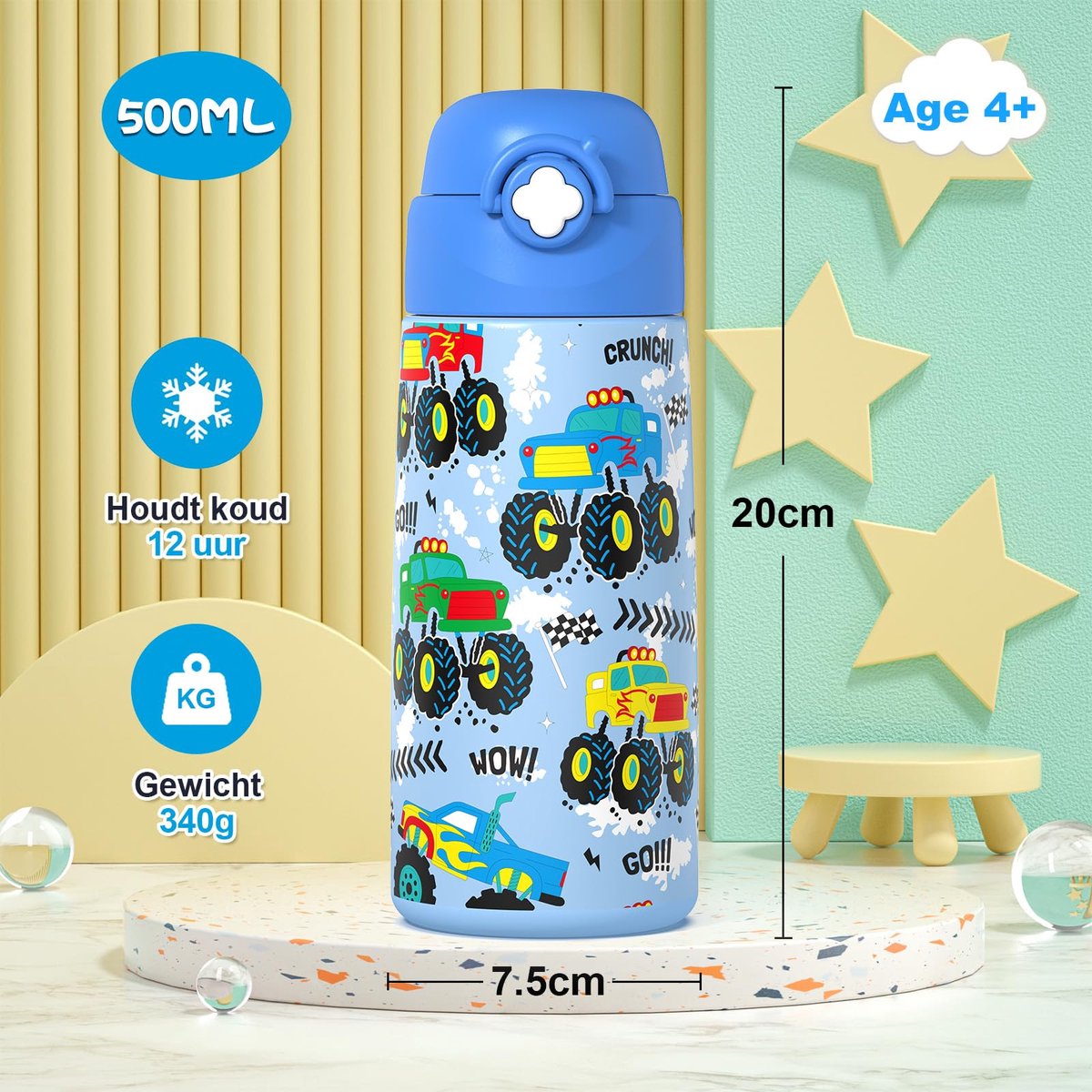SnelShoppen - Kinder Waterfles Met Bedekte Pop-up Stro, 16 Oz Kinderen Drinkbeker Met Roestvrij Staal Lekbewijs Voor School, Sport, Feest, Monster Tru