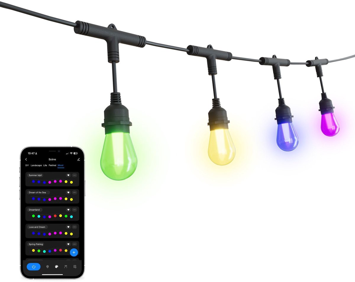 SnelShoppen - LED Prikkabel 7M met 3M Aansluitsnoer, 10 Smart LED Lampen RGBIC, Energiezuinig en Koppelbaar, IP65, 2700K-6500K voor Feesten, Tuin, Cam