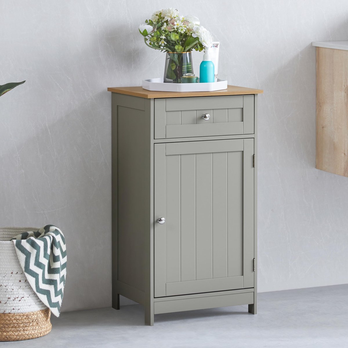 SnelShoppen - Bath Vida Priano Badkamerkast Vloerstaand met 1 Deur en 1 Lade, Grijs Eiken, Ruimtebesparende Opslag voor Badkamer, Modern Design