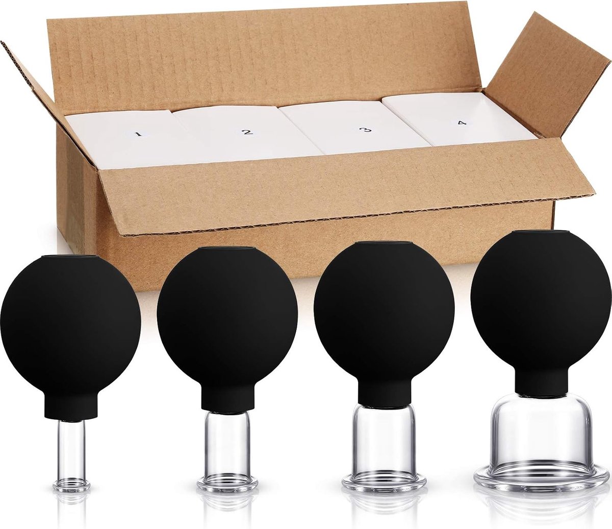 4-delige glazen cupping-set (glas en siliconen) voor massage en vacuümzuigtherapie – geschikt voor lichaam, gezicht, benen, armen, rug en schouders (bij spier- en gewrichtspijn) –Zwart