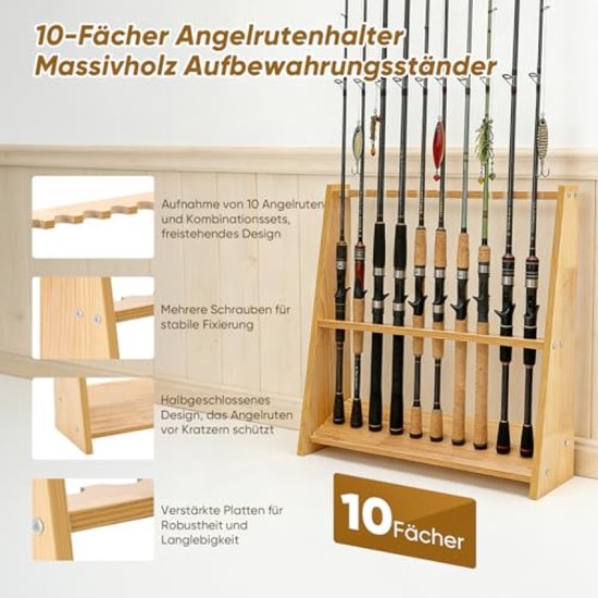 Keu en hengel houder - Houten standaard - Opbergen sportartikelen - Massief hout ontwerp - 10 stuks capaciteit - Houtkleur — afbeelding 5