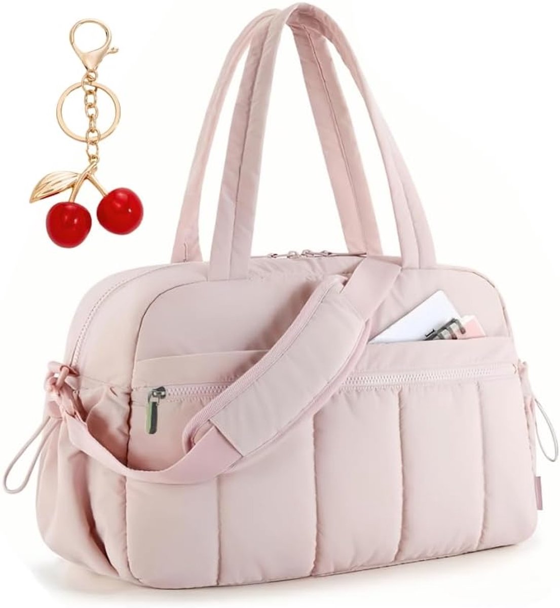 SnelShoppen - VOKUVIKU Sporttas Dames - Grote Waterdichte Fitnesstas met Kersenhanger - Roze Weekend-Reistas voor Gym, Zwemmen en Reizen - 42x19x30 cm