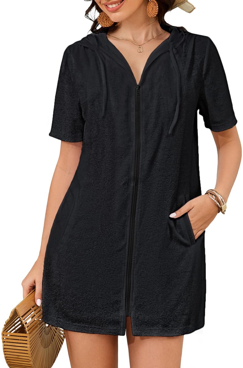 SnelShoppen - Frotté Badjas Dames met Ritssluiting en Capuchon - Zwart Strand Coverup met Zakken - Maat S voor Wellness, Zwemmen en Thuis