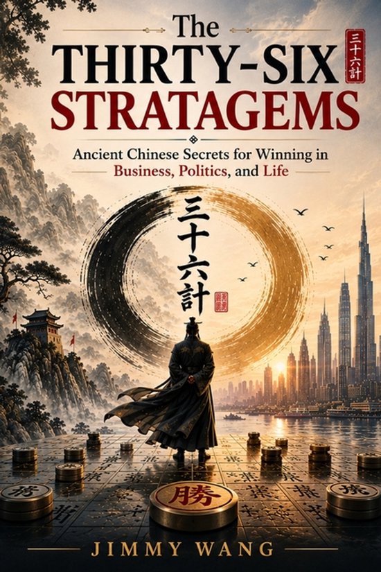 Boekomslag 'The Thirty-Six Stratagems' met een figuur in traditionele kledij voor een stadslandschap en bergen. Tekst: 'The Thirty-Six Stratagems'.