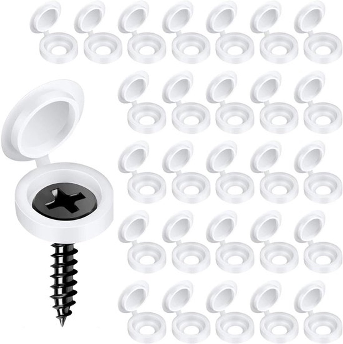 Plastic witte schroefdoppen 200 stuks - Schroefdop opvouwbaar - Snap Caps - Washoezen - Flip Tops - Schroefbescherming - Kasten - Handig voor schroeven - Bescherming van kasten - Wit plastic doppen - Set van 200 stuks