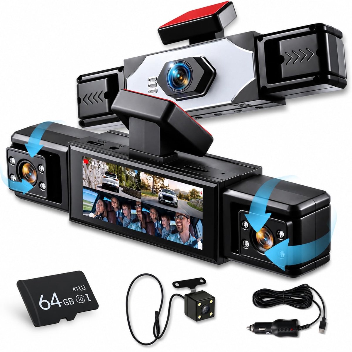 SnelShoppen - 4-kanaals Dashcam Auto - Full HD Camera met Nachtzicht, Beweging Detectie, 170° Groothoeklens, Voor en Achter, Ideaal voor Veiligheid en