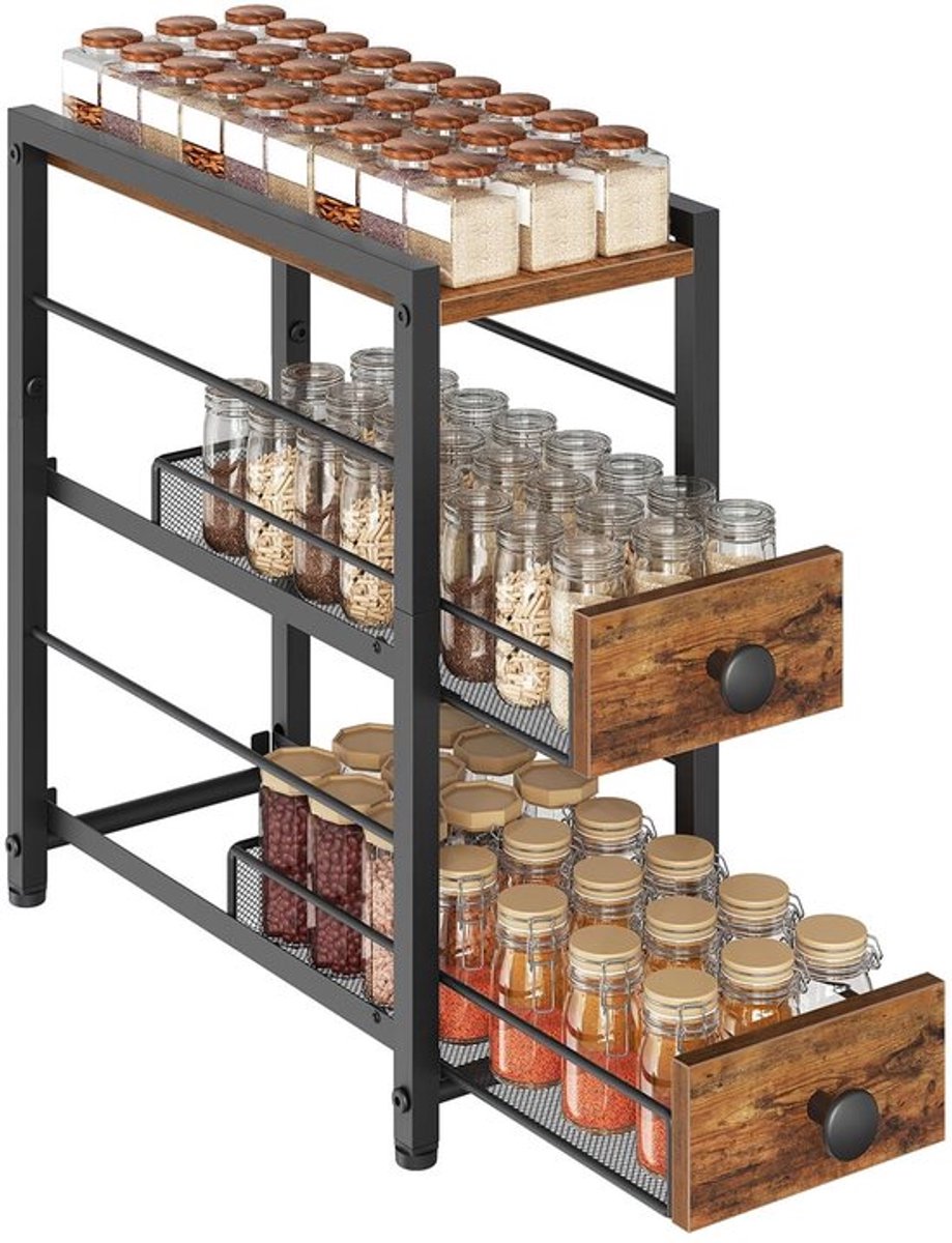 Kruidenrek 3-laags - Uittrekbare Lades - Keukenkruidenrek - Organiser voor Siroop/Koffiecapsules - Vintage Bruin/Zwart - Elegant Ontwerp - Kruidenhouder