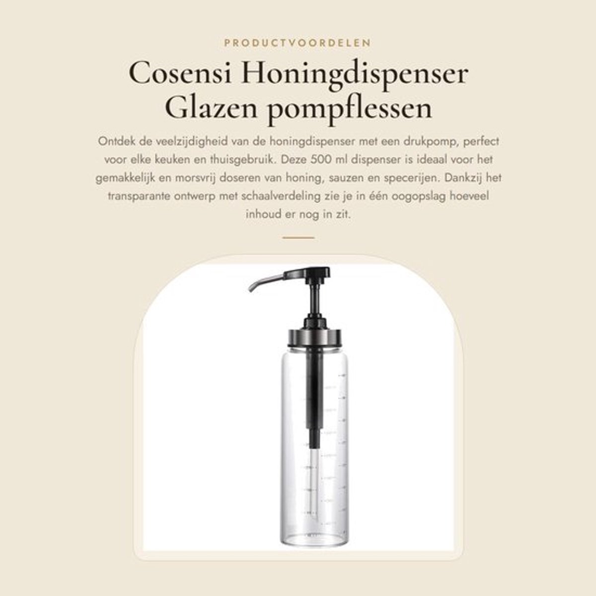 Honingdispenser 500 ml - Glazen Honingdispenser - Antidruppel Pomp - Specerijen Dispenser - Sauzen/Olijfolie - Lichtgewicht Glas - Sauzenfles