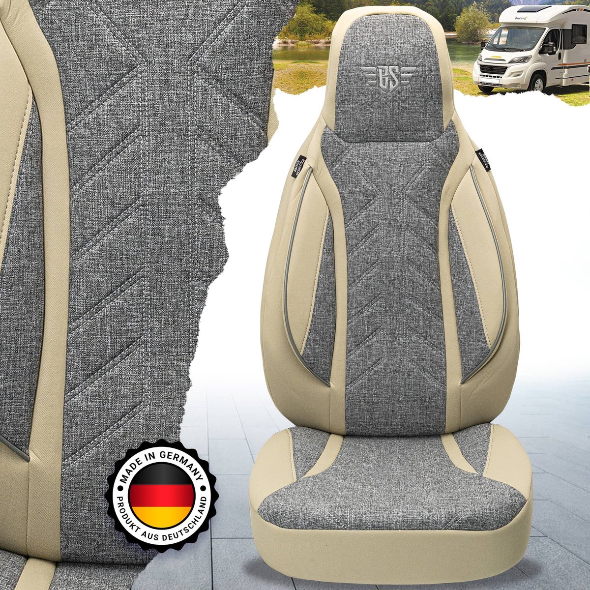 Premium Camper stoelhoezen voor Pössl Summit Prime PLKT209 in Grijs/Beige (2 losse stoelen)