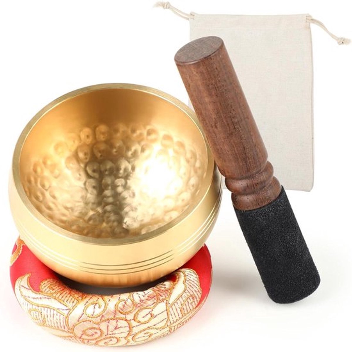 Tibetaanse klankschalen 8 cm diameter met houten lepel, bodem en stoffen zak voor mindfulness, meditatie en yoga - Stressvermindering en genezing.