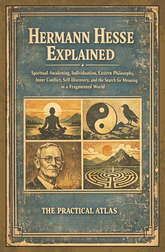 Vintage boekomslag 'Hermann Hesse Explained' met vier illustraties: meditatie, yin-yang, Hesse en een doolhof.