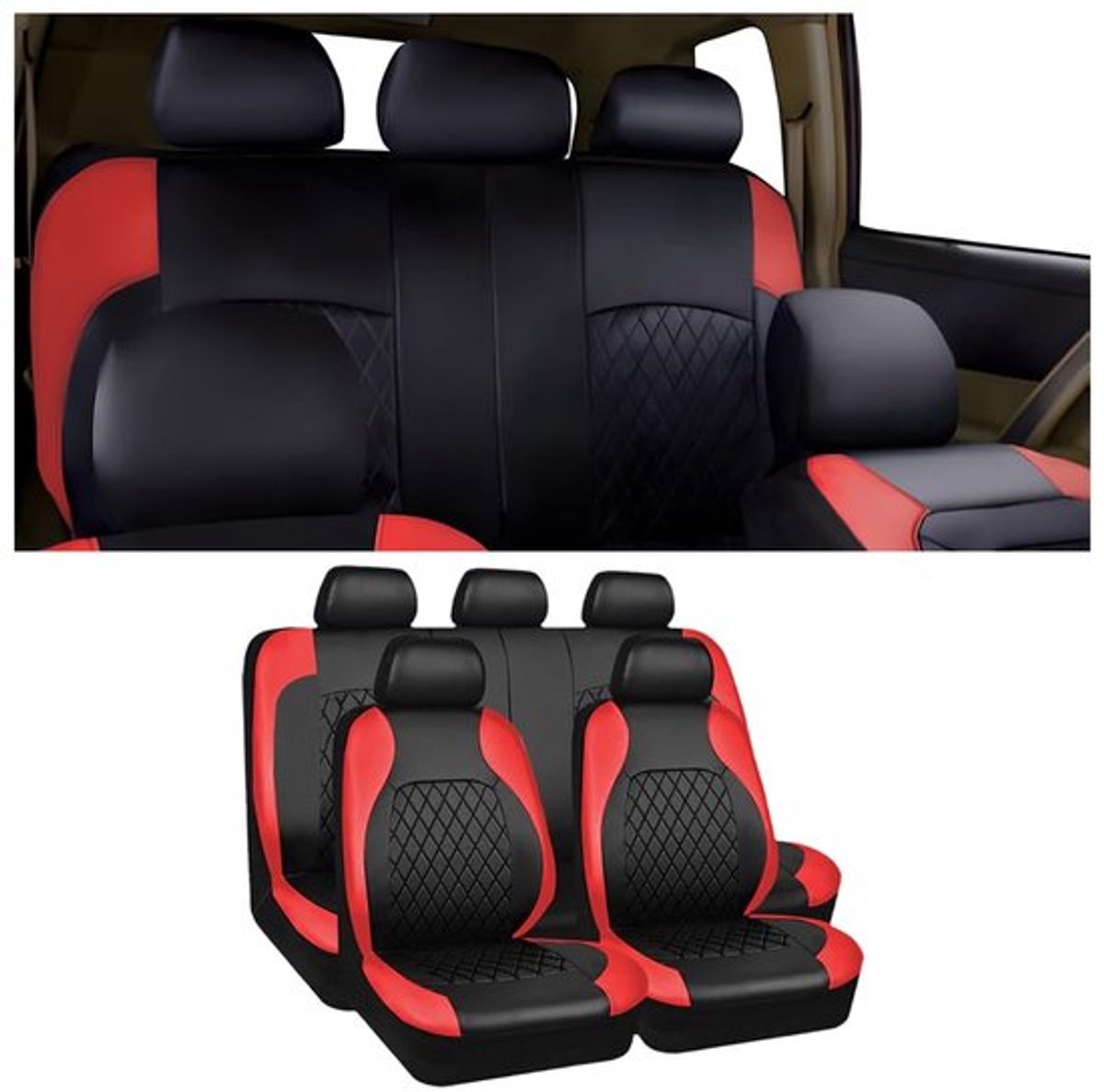 Autostoelhoezen 9 Stuks - Universele Stoelbescherming - PU-leer - Voor- en Achterbank - Luxe Ruitpatroon - Zwart/Rood/Blauw/Grijs - Stoelhoezen