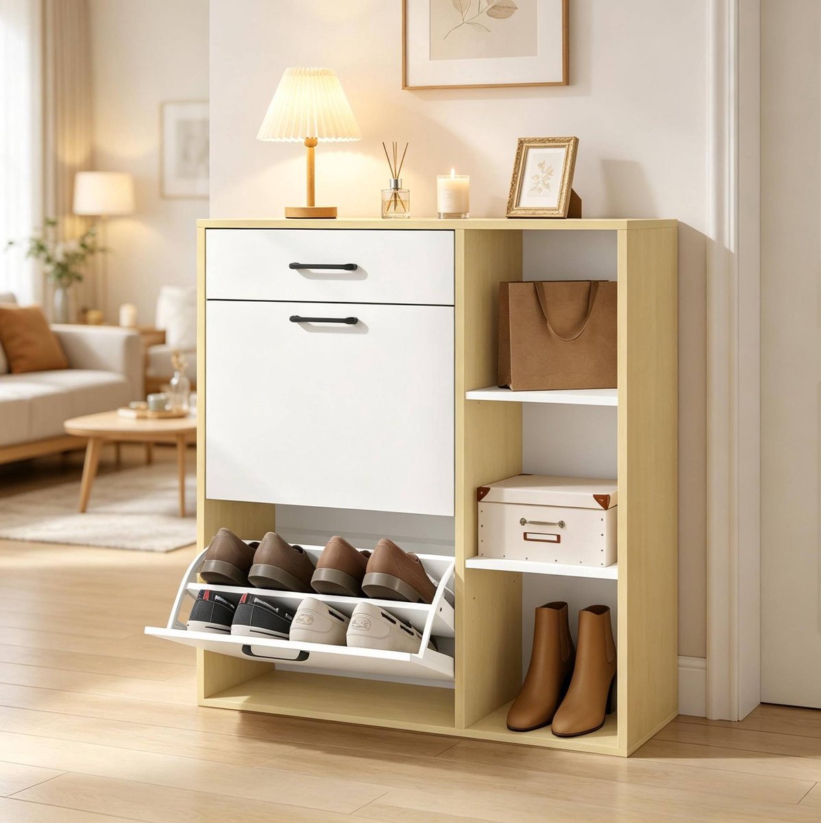 REDOM - Schoenenkast - 3-in-1 met lade en 2 klapvakken - Open vakken en verstelbaar onderste rek - Moderne stijl - Hal - Hout, MDF, kunststof, metaal - Wit - 80 x 90 x 30 cm