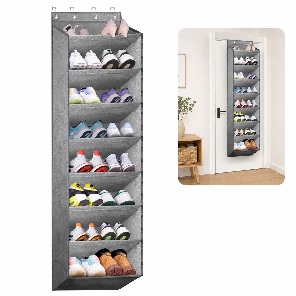 VHV - Hangend Schoenenrek - Deur Organizer met 8 Diepe Niveaus - 600D Oxford Schoenopslag met 4 Metalen Haken