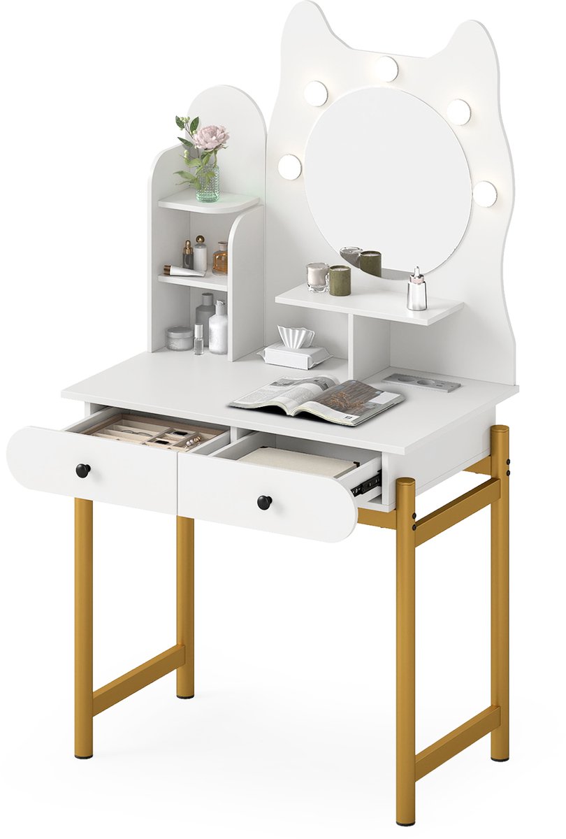 COSTWAY Make-uptafel in kattenvorm met spiegel en verlichting, kaptafel met 3 lichtmodi en dimbare helderheid, 2 laden en stopcontacten, kaptafel voor vrouwen en meisjes (wit)