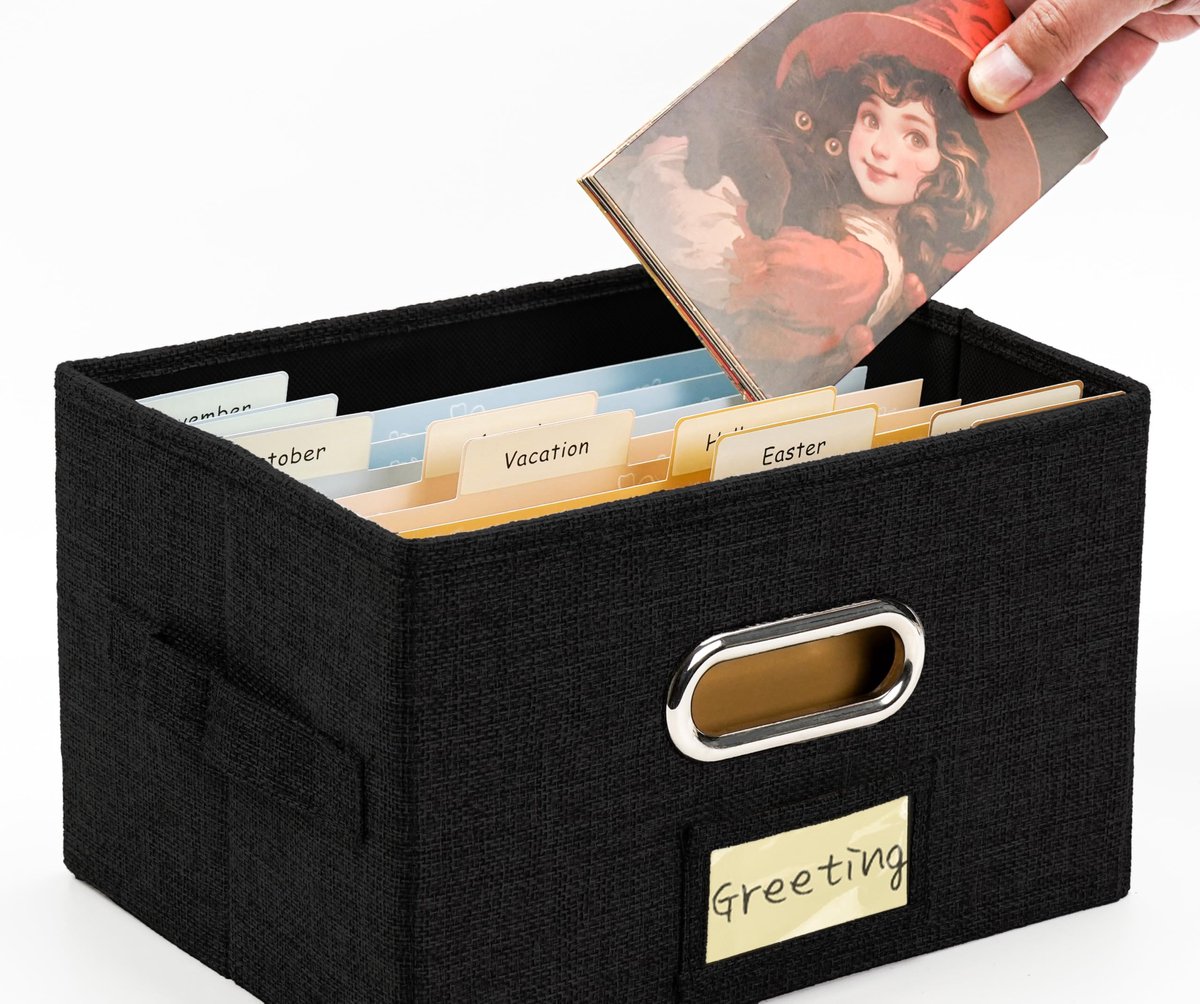 SnelShoppen - Wenskaartenorganizer en opbergdoos met 20 verstelbare scheidingswanden, opbergdoos voor wenskaarten, enveloppen, foto's, zwart, 1 verpak
