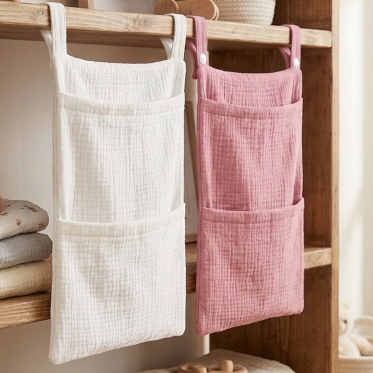 Set van 2 baby hangopbergtassen | Luier opbergzak muisdoek 2 vakken voor ledikant & commode