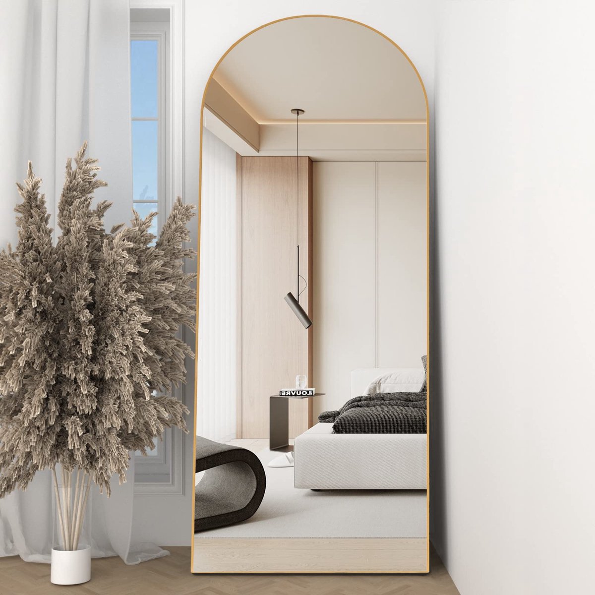 SnelShoppen - Gebogen Volledige Lengte Spiegel 162x53cm Gouden Vloerspiegel met Staander - Staand, Hangend of Leunend Tegen Muur voor Slaapkamer en Wo