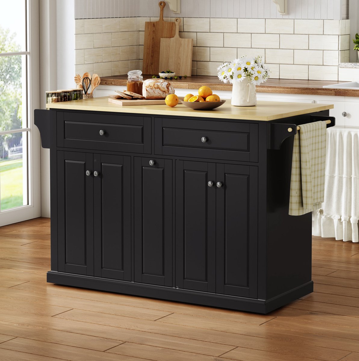 HAUSS SPOLE Keukenkast - KeukenEiland Met Klapbaar Werkblad En Opbergruimte - Voor Keuken En Eethoek - MDF - Natural Zwart - 121x69x89 Cm
