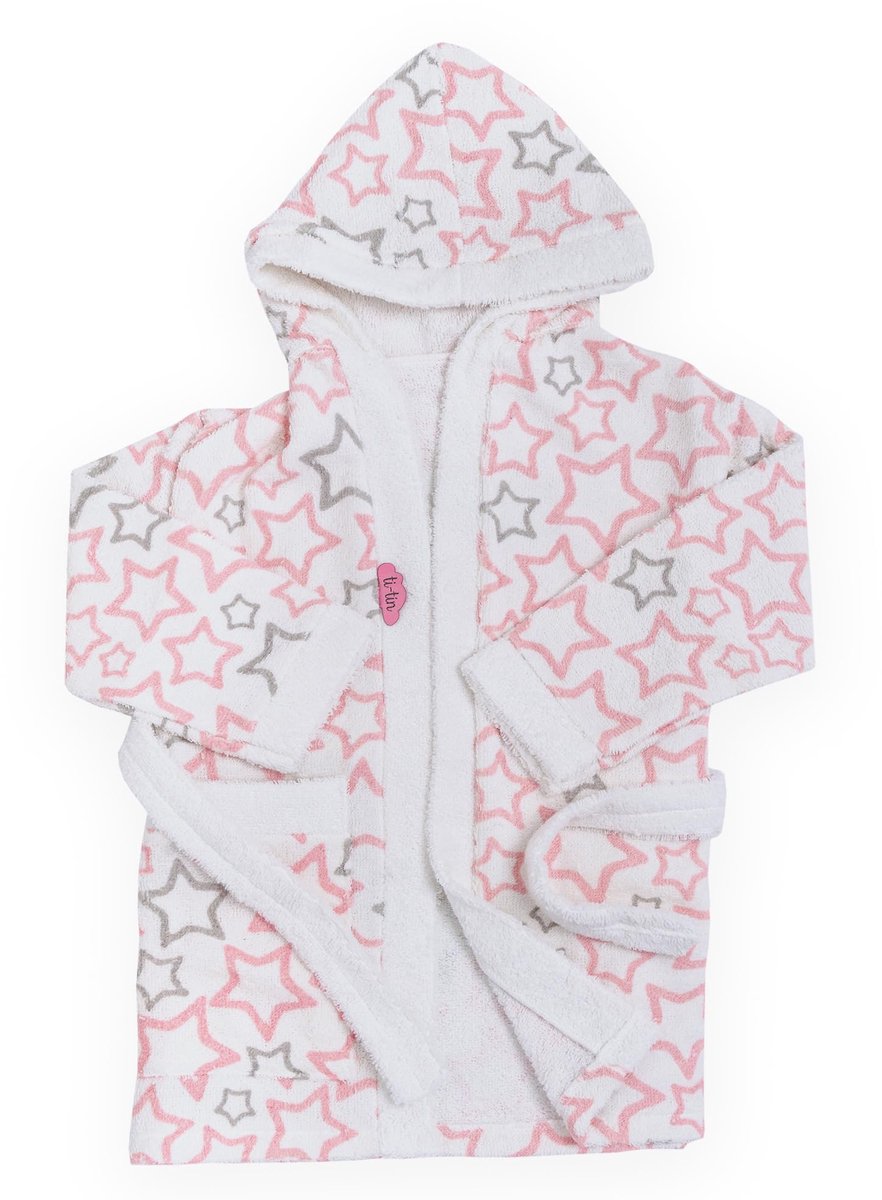 SnelShoppen - Ti TIN Kinderbadjas Roze met Sterren, 100% Katoenen Badstof, Zacht en Absorberend, Met Capuchon, Voor Jongens en Meisjes, Maat 3-4 Jaar,