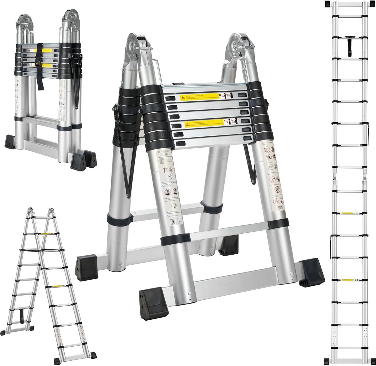 SnelShoppen - Telescopische Ladder 5M Aluminium met 2 Balansbalken, Multifunctionele Trapladder voor Tuin, Keuken en Kluswerk, 150 kg Belastbaarheid