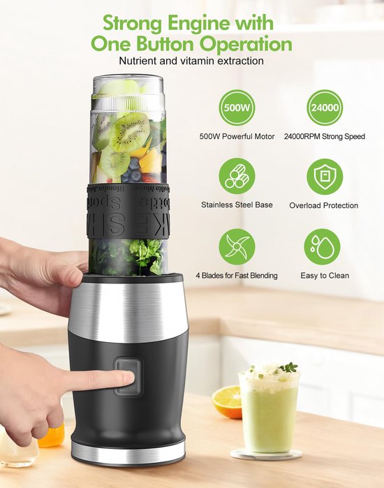 SnelShoppen - Mixer 500 W Smoothiemaker, Draagbare Blender met 2 x 570 ml Smoothieflessen, BPA-vrij Tritan, Roestvrij Staal, 4 Bladen voor Shake en Sm van Snelshoppen — afbeelding 2