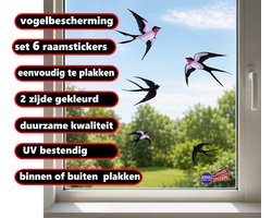 Jerma - Zwaluw raamstickers - set 6 vogel stickers - ±10 tot 19 cm- Duurzaam Vinyl - zelfklevend