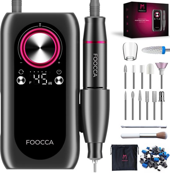 Zwarte FOOCCA elektrische nagelvijl met digitale display, draadloze handboor, set van 12 bits, schuurrolletjes en accessoires.