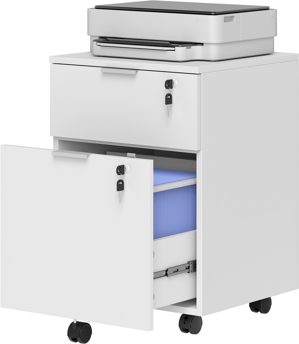 TEKROA® Verrijdbaar Ladeblok voor Bureau - Afsluitbare Archiefkast met 2 Lades - Hangmappenkast - Wordt geleverd met 2 sleutels - 42x40x60 cm - Wit